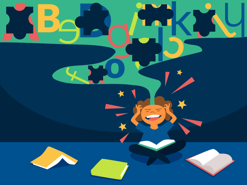 Graphic to ilustrate the concept of learning difficulties. A confused child sitting on the floor with an open book in their lap. Colourful, messy letters and characters in a though bubble above the child's head.